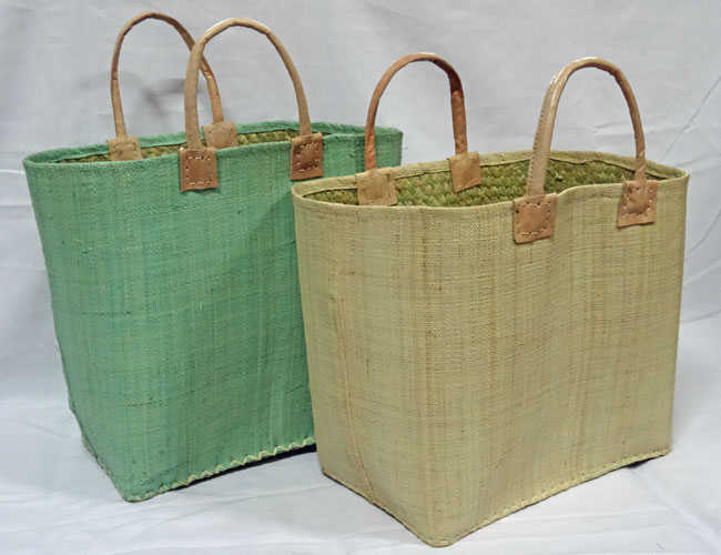 Fairtrade baskets woven raffia, leather handles, inside pocket with zip